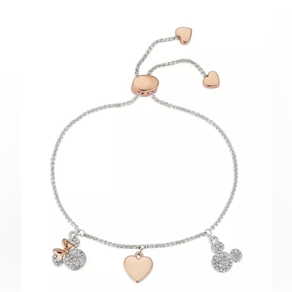 NEW Disney "Love and Kisses" Mickey Crystal Charm Bracelet 14k Gold Flash Plated